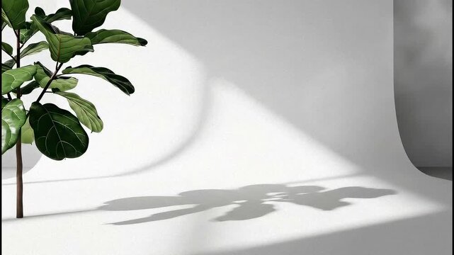 Minimalist Studio Scene With A Lush Green Fiddle Leaf Fig Plant Casting A Dramatic Shadow On A Textured White Wall With Soft Natural Light Streaming From The Side