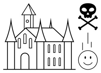 Fototapeta premium Gothic castle. Gothic castle with pointed towers and a skull with crossbones. Gothic evoke mystery and fantasy. Perfect for Halloween, medieval themes, games, comics, and graphic design