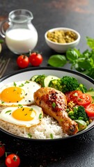 Delicious bowl with fried eggs, rice, chicken drumstick, tomatoes, and greens, on a dark textured surface