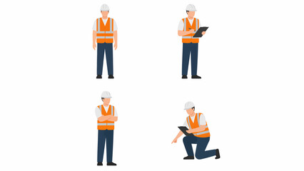 A set of four illustrations depicting a male construction worker in various poses, including standing, inspecting with a clipboard, and kneeling.