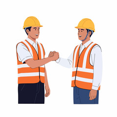 Two male construction workers in hard hats and safety vests shaking hands, symbolizing agreement or partnership.