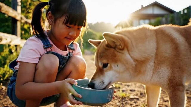 Young girl compassionately feeding her dog in a serene rural setting