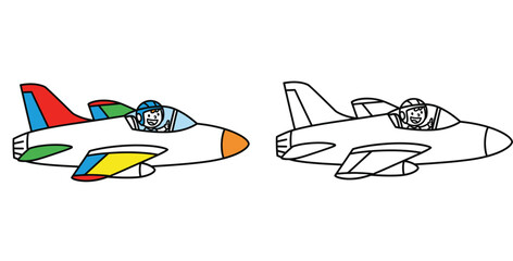 Cartoon jet fighter plane vector illustration. Coloring book page for kids. Aircraft with pilot outline and colored version isolated on white background. © MstAsia