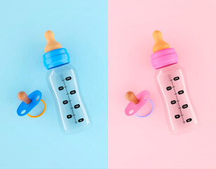 Obraz premium Baby bottle and pacifier. Blue and pink variation