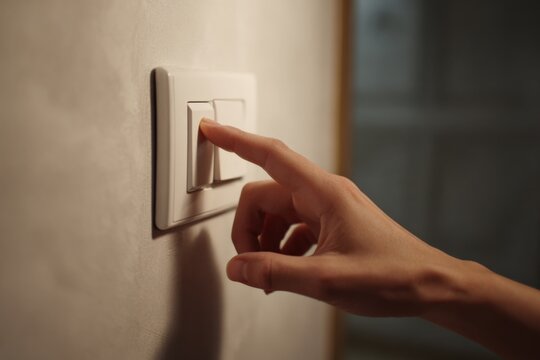 Hand switching light on off wall switch in room