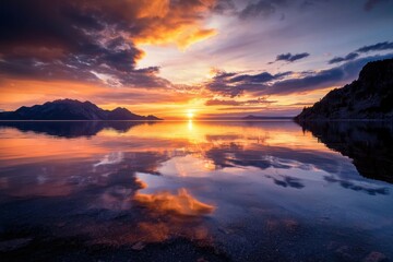 Vibrant sunset over calm lake with colorful clouds reflecting on water, surrounded by mountain silhouettes and peaceful natural landscape