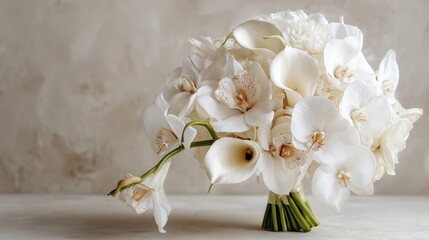Minimalist wedding bouquet of white orchids and calla lilies, clean composition, neutral background, luxury bridal aesthetic.