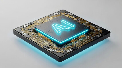 Glowing blue ai chip on a circuit board with neon light effect on a gray background