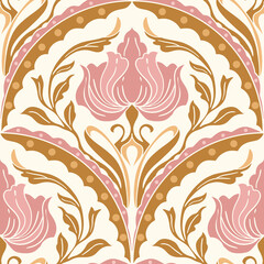 Cotton fabric Art Nouveau seamless pattern featuring elegant floral motifs and scalloped arches in golden ochre and dusty pink colors for sophisticated interior textile and botanical wallpaper backgrounds