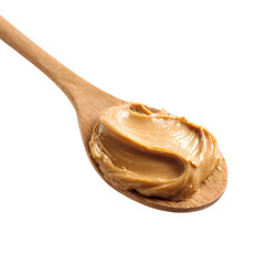 Delicious peanut butter on a wooden spoon Isolated on transparent background