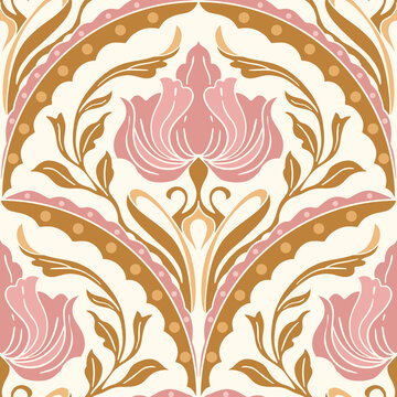 Art Nouveau seamless pattern featuring elegant floral motifs and scalloped arches in golden ochre and dusty pink colors for sophisticated interior textile and botanical wallpaper backgrounds