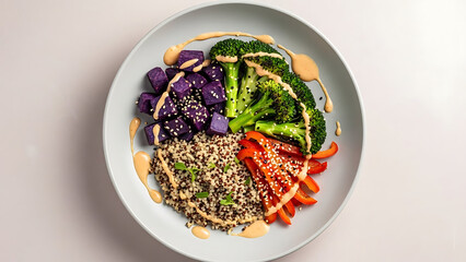 Nutritious buddha bowl with quinoa roasted purple potatoes broccoli and red peppers topped with sauce
