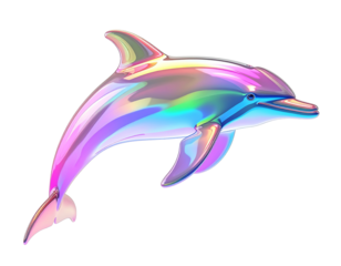 Vibrant dolphin glistens with colorful hues, shimmering in pastel shades, surrounded by gentle waves, serene oceanic environment, majestic marine life