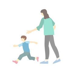 走り出す子供と引き止めようとする母親、親子