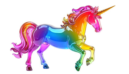 Vibrant rainbow unicorn sculpture, flowing curves, gradient colors, dynamic pose, fantasy creature, 3D art image, colorful, isolated, detailed