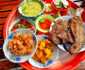 Traditional fried seafood Indonesian style