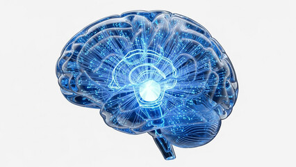 Glowing blue brain with neural network connections on white background