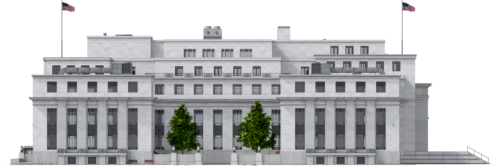 Side View of the Federal Reserve Building with Trees – Architectural Detail, 3d render