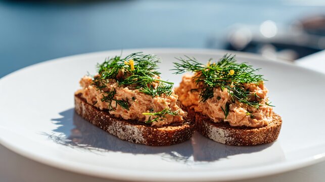 Salmon rillettes with fresh dill and lemon zest, creamy yet textured consistency, spread on rye toast, minimalist white plate, bright coastal daylight