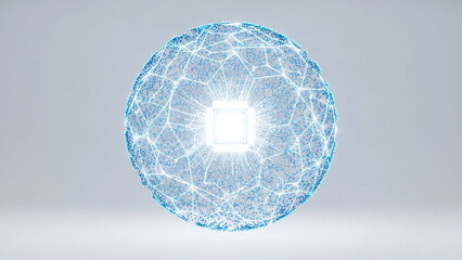 Glowing blue network sphere with white connections and light effect on gray background
