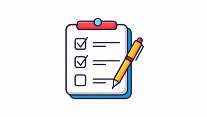 A yellow pen rests on a clipboard with a checklist, two items marked