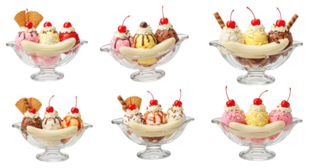 Six banana split desserts with ice cream scoops, bananas, sauces, whipped cream, cherries and wafer garnishes in glass boat dishes on a transparent background