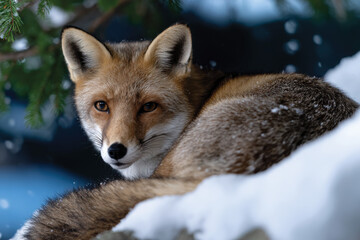 Fototapeta premium A majestic fox lays comfortably in a snowy forest, showcasing its beautiful fur while remaining alert in its serene natural habitat amidst falling snowflakes.