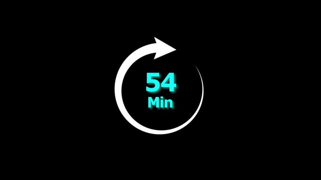54 Min clock icon animation. 54 minute animation on black background and creating a stunning 4k video.