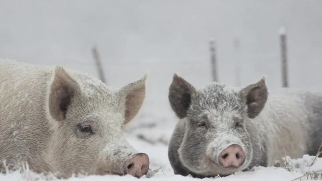 Two hairy pigs covered in snow lying in a winter field