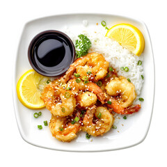 Delicious tempura shrimp plate lemon garnish soy sauce Isolated on transparent background
