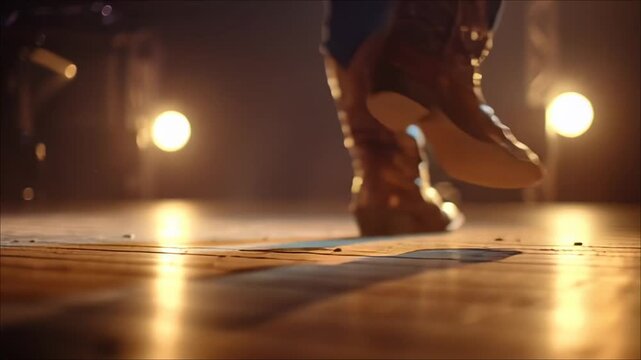 Close Up of Cowboy Boots Stomping on a Stage During a Line Dance