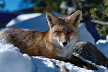 Fototapeta premium A serene and elegant fox rests on a rocky surface blanketed with snow, showcasing its vivid fur and striking gaze against a stunning winter backdrop highlighting nature's beauty.