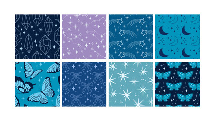 Celestial and decorative seamless patterns set. Stars, moons, crystals, butterflies on blue backgrounds. Vector printable template for textiles, wallpapers, magical design. © Sonika