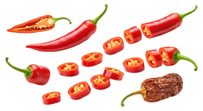 Bright red chili peppers arranged whole, halved, and sliced into rounds showing seeds, plus a single wrinkled dried chili, on a transparent background