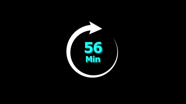 56 Min clock icon animation. 56 minute animation on black background and creating a stunning 4k video.