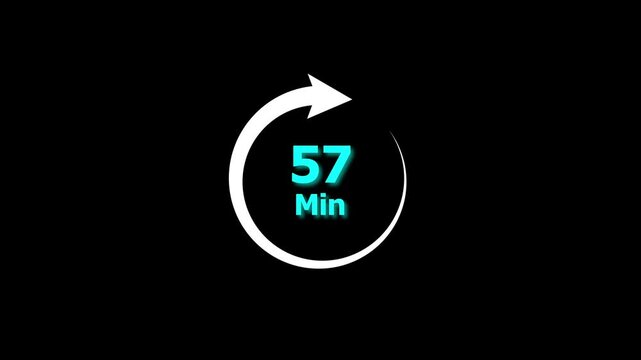 57 Min clock icon animation. 57 minute animation on black background and creating a stunning 4k video.