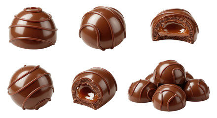 Glossy milk chocolate truffles with gooey caramel centers, shown whole, cut open, drizzled and piled on a transparent background