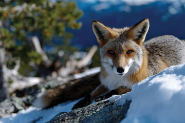 Fototapeta premium This captivating image features a charming fox resting atop a rocky outcrop, its soft fur contrasting beautifully with the bright white snow and the stunning blue background.