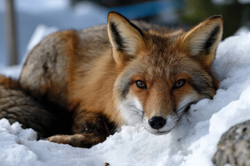 Fototapeta premium A charming fox peeks through snow-covered rocks, showcasing its stunning features and fur, radiating elegance and charm against the captivating winter landscape in the background.