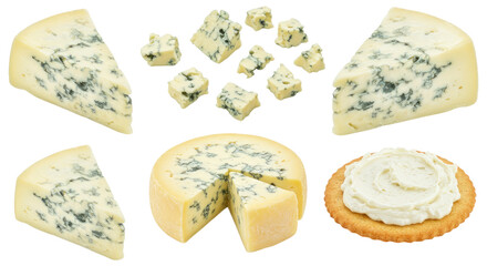 Assorted blue cheese pieces and wheel with wedge removed, crumbles, cubes and a cracker topped with creamy blue cheese spread on transparent background