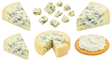 Assorted blue cheese pieces and wheel with wedge removed, crumbles, cubes and a cracker topped with creamy blue cheese spread on transparent background