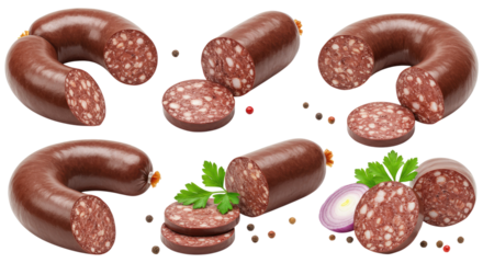 Sliced and whole blood sausages (black pudding) arranged with parsley, red onion slices and peppercorns on a transparent background