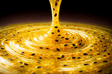 [AI] Passion fruit sauce pouring with copy space 16x9