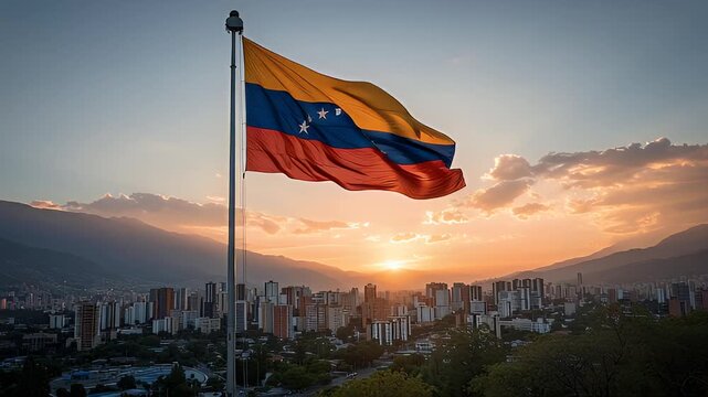 The Venezuelan flag waves above a city skyline under warm sunset light