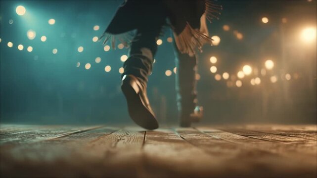 Cowboy Boots Dancing on Wooden Stage Floor with Bokeh Lights