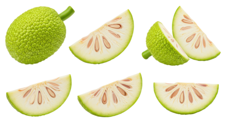 Fresh green jackfruit and several cross-sectional wedges showing pale flesh and seeds on a transparent background