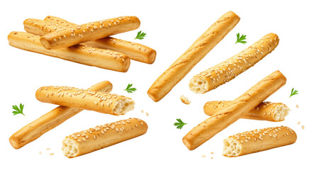 Golden sesame breadsticks and broken grissini with crumbs and parsley garnish on a transparent background