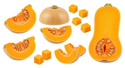 Fresh butternut squash shown whole, halved, sliced and cubed with visible orange flesh and seeds on a transparent background