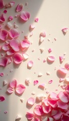 Delicate sugar-dusted petals in rose and mint drift across a creamy canvas, a whisper of an approaching celebration,  muted colors,  high angle