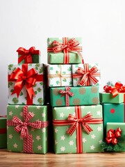 A stack of beautifully wrapped Christmas gifts with festive ribbons and bows,  wrapped,  presents